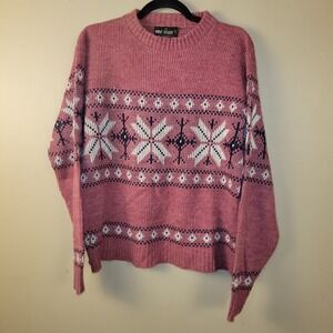 Vintage Pine State Nordic Snowflake Sweater Pink Fair Isle Winter Knit Women's M